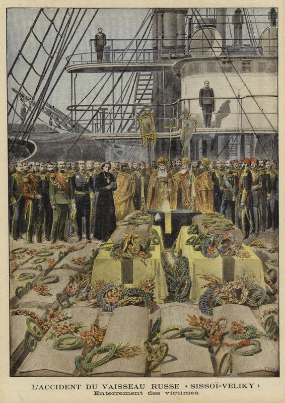 Begravning av offer för olyckan ombord på det ryska slagskeppet Sissoi Veliky, 1897 av French School