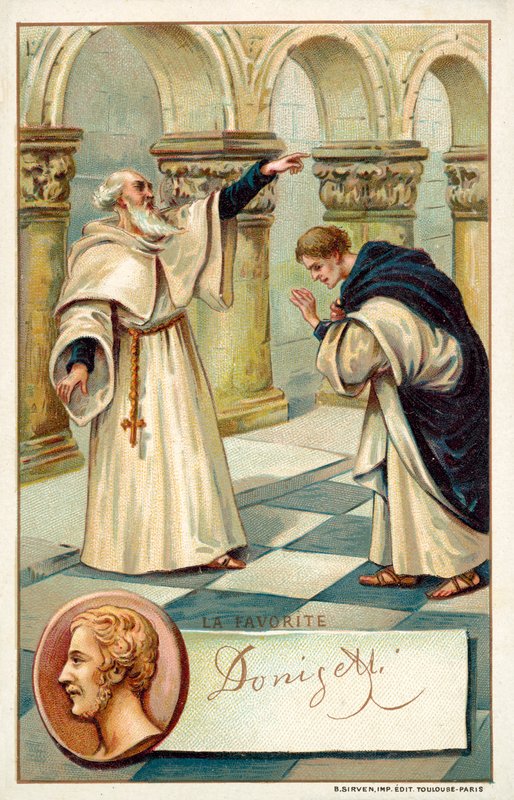 Gaetano Donizetti, italiensk kompositör, och en scen från hans opera La Favorite (chromolitho) av French School