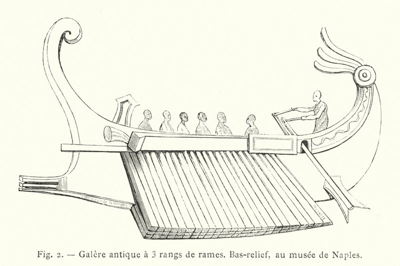 Forntida pentry med 3 rader åror, basrelief, i Neapel museum (gravyr) av French School