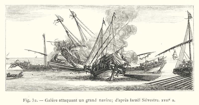 Galär attackerar ett stort skepp; efter Israel Silvestre, 1600-talet (gravyr) av French School