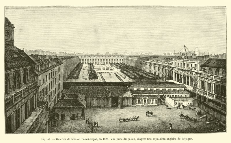 Trägallerier på Palais-Royal, 1828, Utsikt tagen från palatset, efter en engelsk aqua-tinta på den tiden av French School