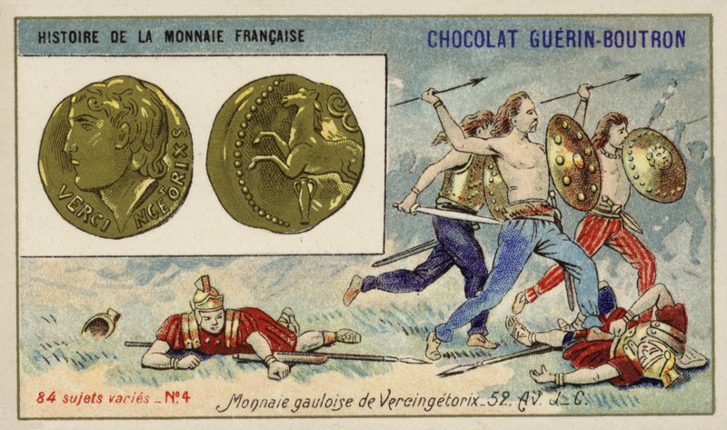 Galliska mynt av Vercingetorix, 52 f.Kr. (chromolitho) av French School