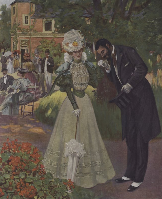 Trädgårdsfest. Illustration från omslaget till Le Figaro Illustre, april 1897 (litho i färg) av French School