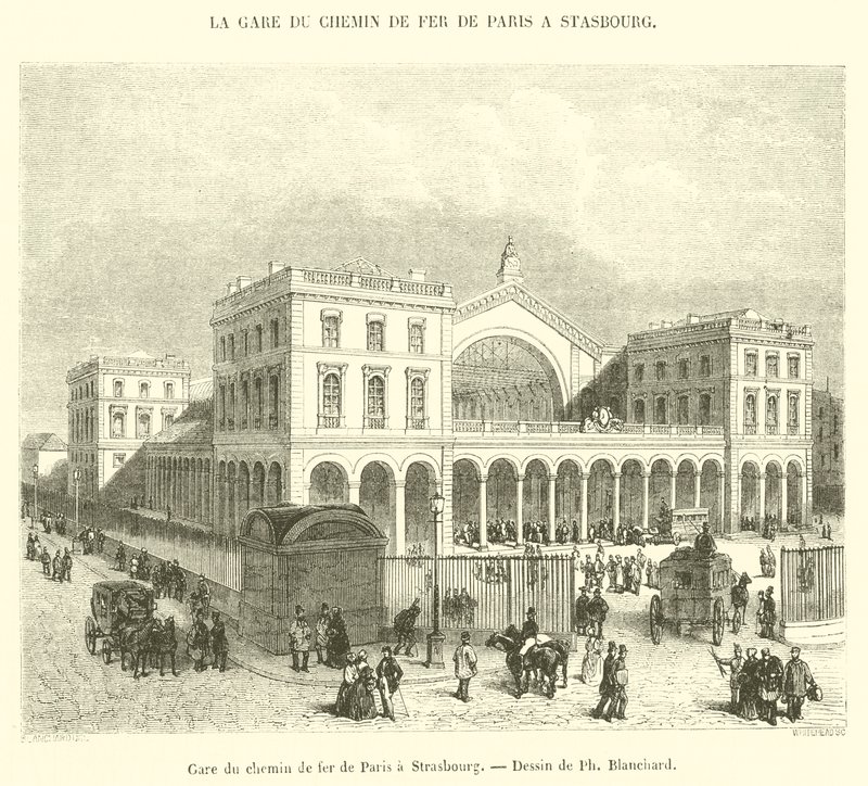 Järnvägsstation från Paris till Strasbourg (gravyr) av French School