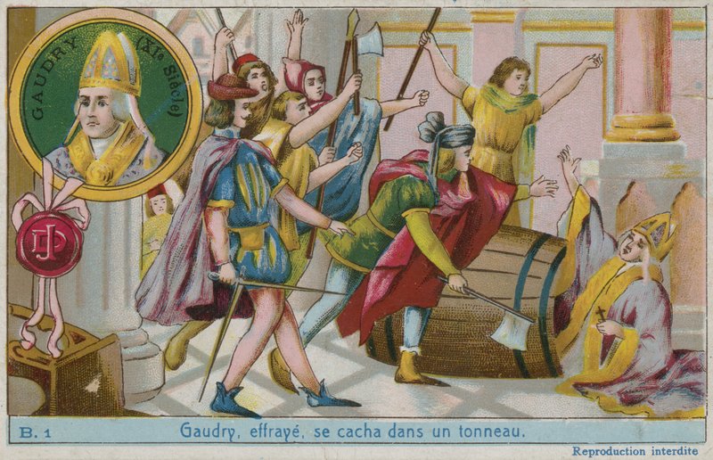 Gaudry, rädd, gömmer sig i en tunna av French School