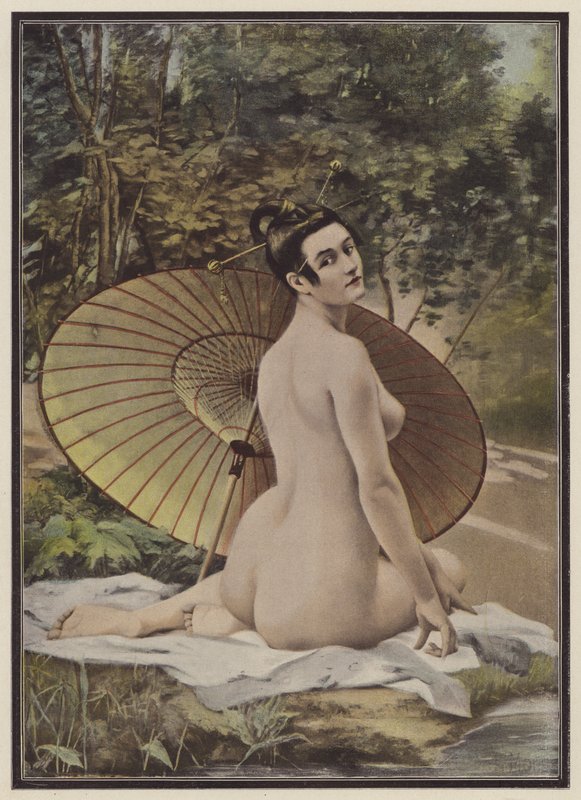 Geisha som tar ett bad (färg litho) av French School