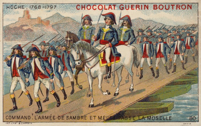 General Hoche, befälhavare för armén Sambre och Meuse, korsar Mosel (chromolitho) av French School