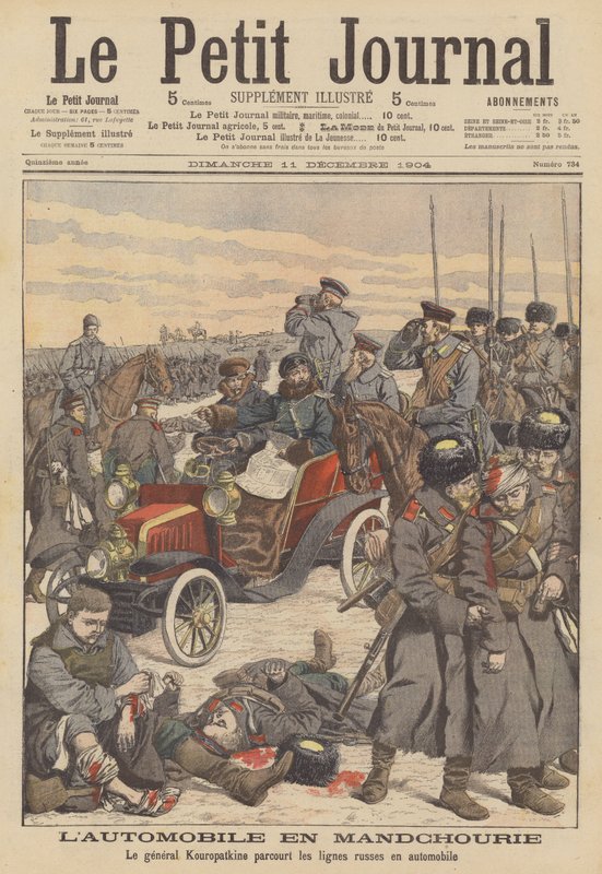 General Kuropatkin använder en bil för att besöka de ryska linjerna i Manchuriet under det rysk-japanska kriget (färglitografi) av French School