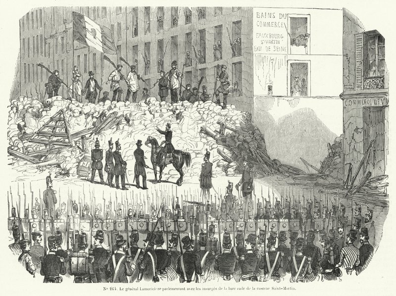 General Lamoriciere förhandlar med beväpnade arbetare som försvarar sin barrikad utanför Saint Martin-kasernen, Paris, 23 juni 1848 (gravyr) av French School