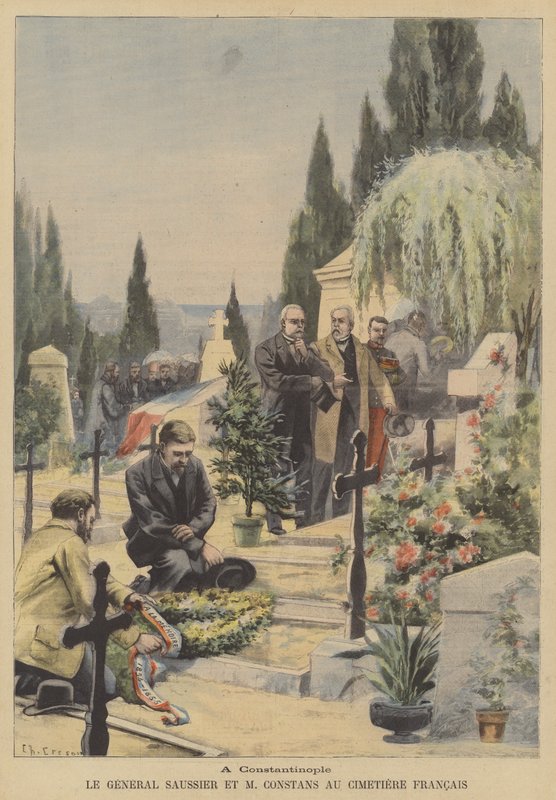 General Saussier och franska ambassadören Ernest Constans på den franska kyrkogården i Konstantinopel (färg litho) av French School