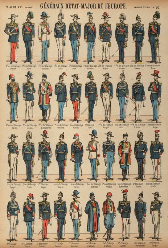 Generalstabsofficerare och uniformer för arméer från hela världen (färgad gravyr) av French School