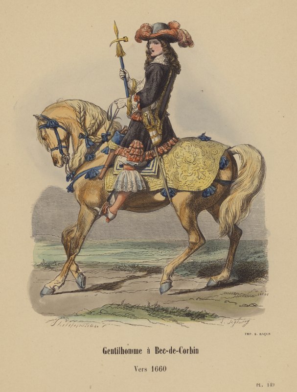 Gentleman i Bec-de-Corbin, cirka 1660 (färgad gravyr) av French School