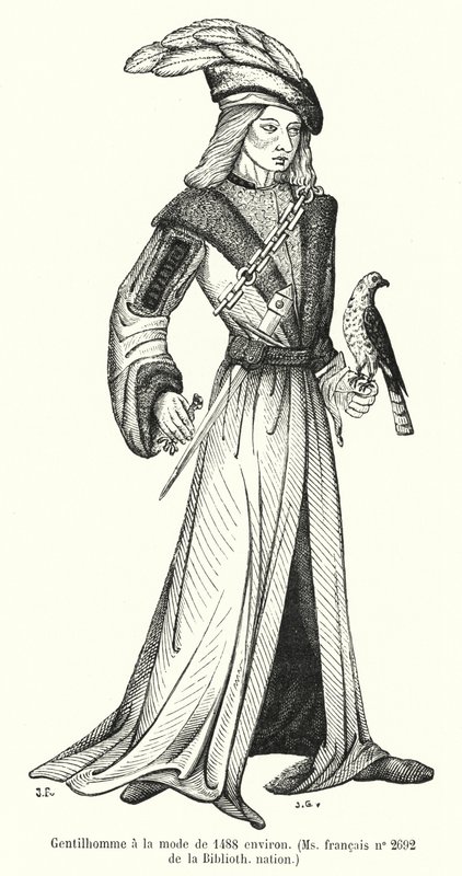 Fashionabla gentleman från omkring 1488 (gravyr) av French School