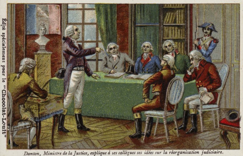 Georges Danton, justitieminister, förklarade sina idéer om rättslig omorganisation för sina kollegor, 1792 av French School