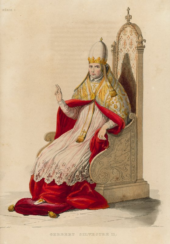 Gerbert Silvestre II (färgad gravyr) av French School