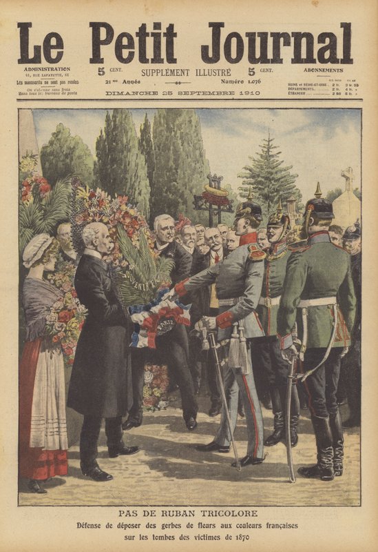 Tyska soldater vägrar att tillåta att kransar med franska trefärgade band placeras på gravarna till soldater som dödats i det fransk-preussiska kriget (färg litho) av French School