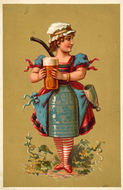 Flicka som håller ett stort glas öl (chromolitho) av French School