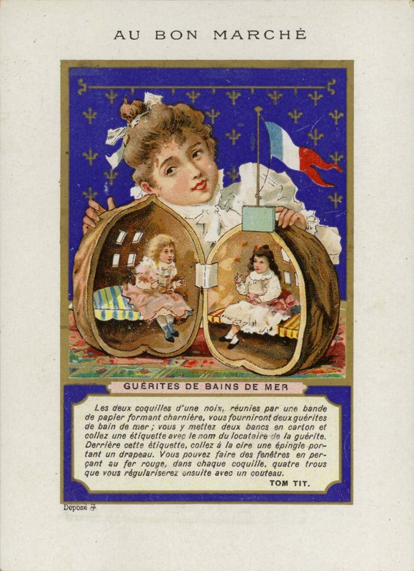 Flicka som leker med dockor som sitter inuti valnötsskalet, Guerites de bains de mer av French School