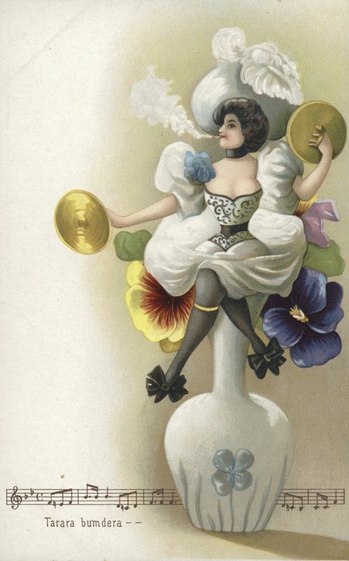 Flicka sitter på en vas och röker och spelar cymbalerna (chromolitho) av French School