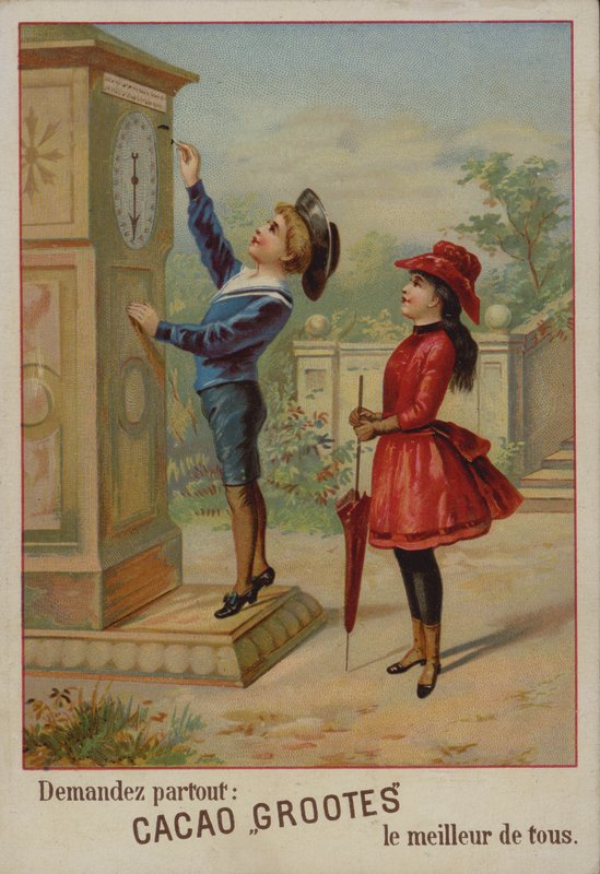 Flicka som tittar på en pojke som justerar en klocka (chromolitho) av French School