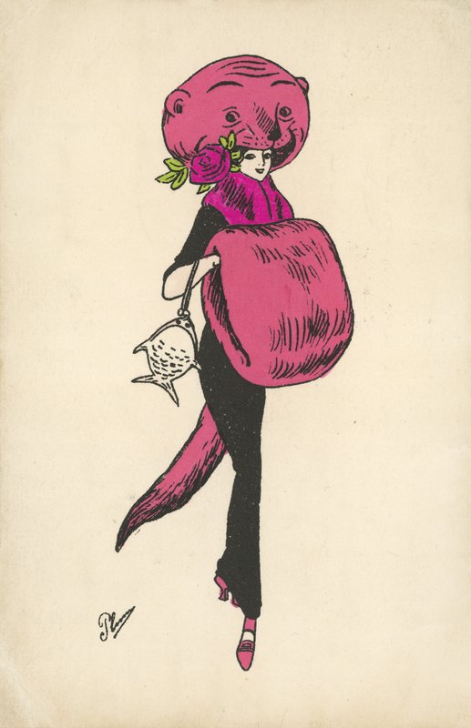 Flicka med konstiga djurpälskläder (färg litho) av French School