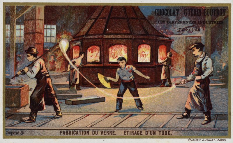 Glastillverkning. Dra ut ett rör (chromolitho) av French School