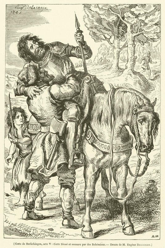 Goetz de Berlichingen, akt V, Goetz sårad och räddad av bohemer (gravyr) av French School