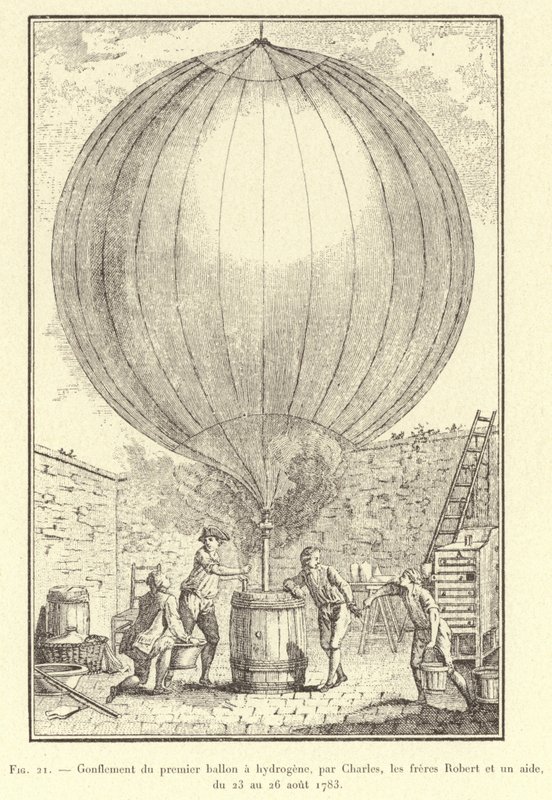 Uppblåsning av den första väteballongen, av Charles, bröderna Robert och en assistent, från 23 till 26 augusti 1783 (gravyr) av French School