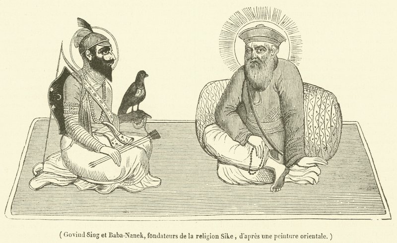 Govind Sing et Baba-Nanek, grundare av Sike-religionen (gravyr) av French School