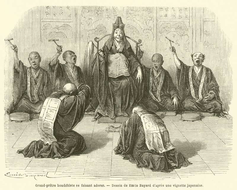 Buddhistisk överstepräst som dyrkas (gravyr) av French School