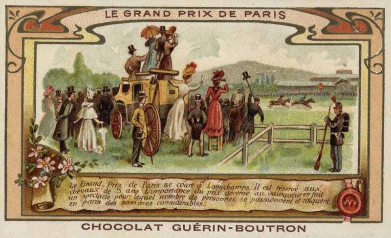 Paris Grand Prix hästkapplöpning, Longchamps (chromolitho) av French School