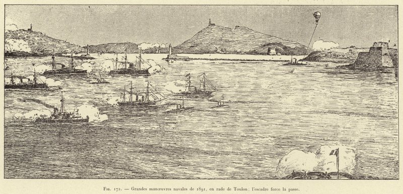 Stora sjömanövrar 1891, i hamnen i Toulon; skvadronen tvingar fram passet (gravyr) av French School