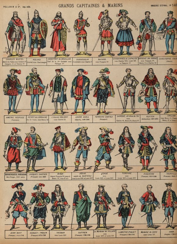 Stora militärfigurer (färgad gravyr) av French School