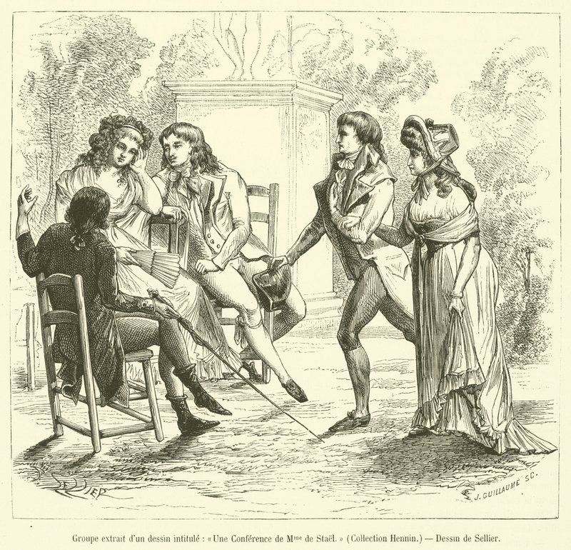 Grupp hämtad från en teckning med titeln Une Lecture de Madame de Stael, Collection Hennin (gravyr) av French School