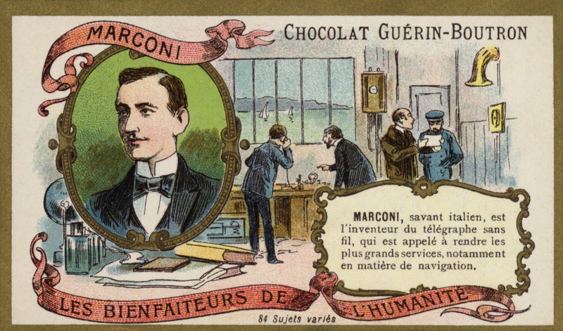Guglielmo Marconi, italiensk uppfinnare och radiopionjär (chromolitho) av French School