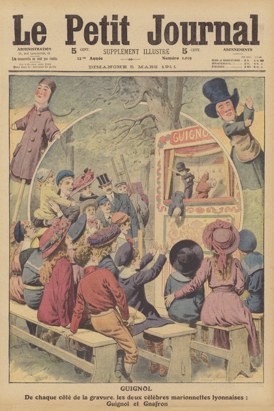 Guignol och Gnafron, berömda franska marionetter från en föreställning i Lyon (färglitografi) av French School