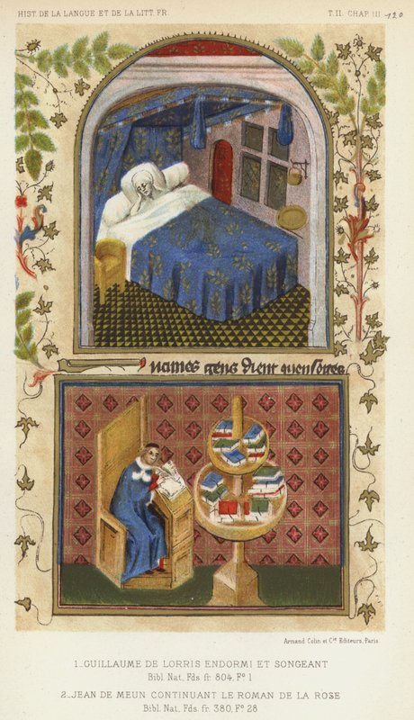 Guillaume De Lorris sover och tänker, Jean De Meun fortsätter The Roman De La Rose (färg litho) av French School