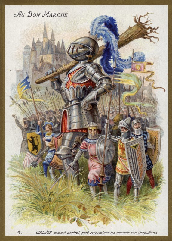 Gulliver, utsedd till general, ger sig ut för att utrota lilliputernas fiender (chromolitho) av French School