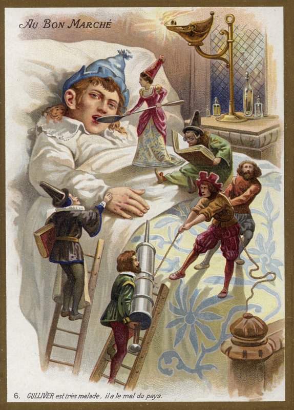 Gulliver är mycket sjuk. Han lider av hemlängtan (chromolitho) av French School