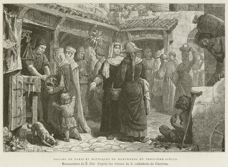 Saluhallar i Paris och butiker med köpmän under 1300-talet (gravyr) av French School