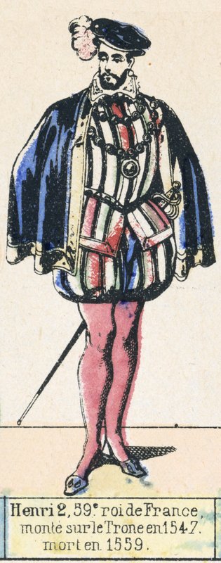 Henri 2, 59:e kung av Frankrike, besteg tronen 1547, dog 1559 (färgad gravyr) av French School