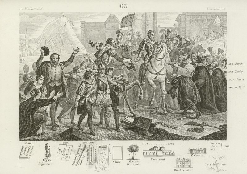 Henrik IV av Frankrike går in i Paris åtföljd av Comte de Brissac, stadens guvernör, 22 mars 1594 av French School