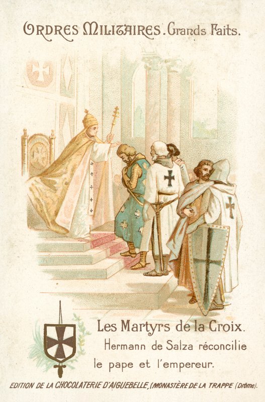 Hermann von Salza, de germanska riddarnas stormästare, åstadkommer en försoning mellan påven Gregorius IX och kejsar Fredrik II av French School