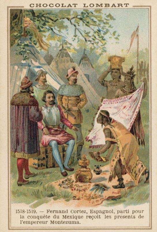 Hernan Cortes, spansk conquistador, tar emot gåvor från den aztekiske kejsaren Montezuma, Mexiko, 1518-1519 av French School