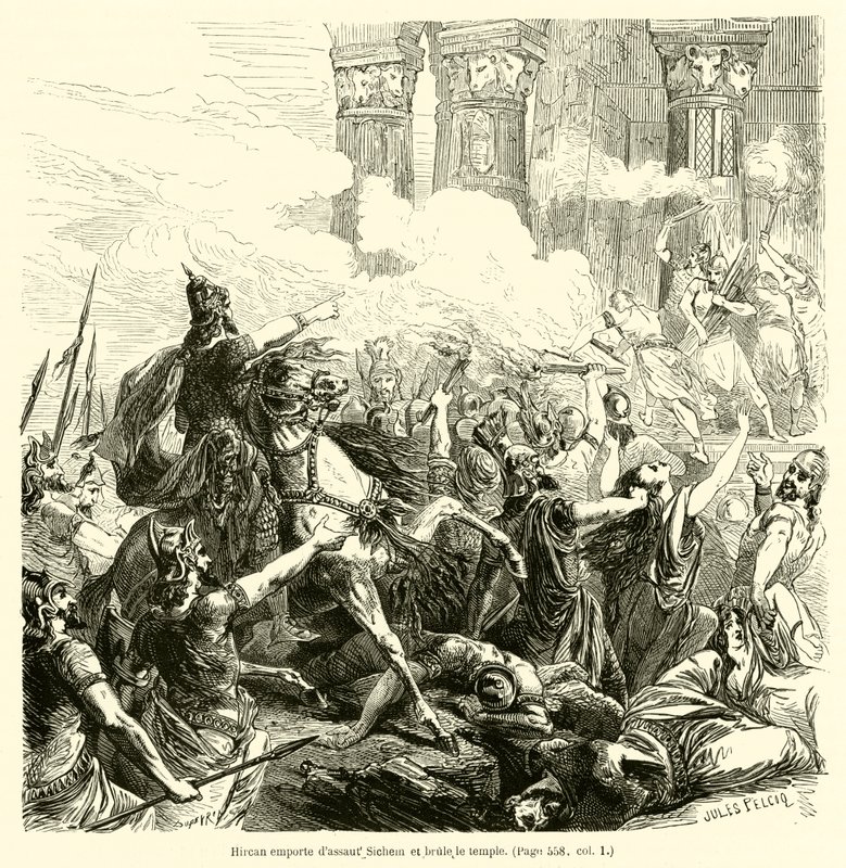 Hircan stormar Sikem och bränner templet (gravyr) av French School