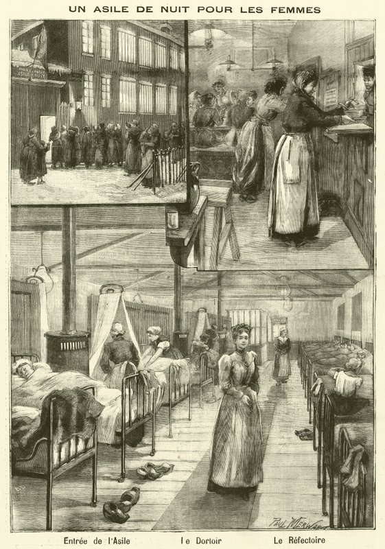 Hemlösa härbärge för kvinnor i Paris (gravyr) av French School
