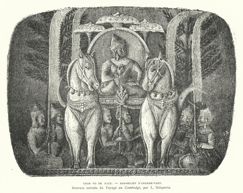 Hästdragen vagn, basrelief från templet i Angkor Wat, Kambodja (gravyr) av French School