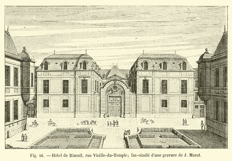 Hotel de Bizeuil, rue Vieille-du-Temple; faksimil av en gravyr av J Marot av French School
