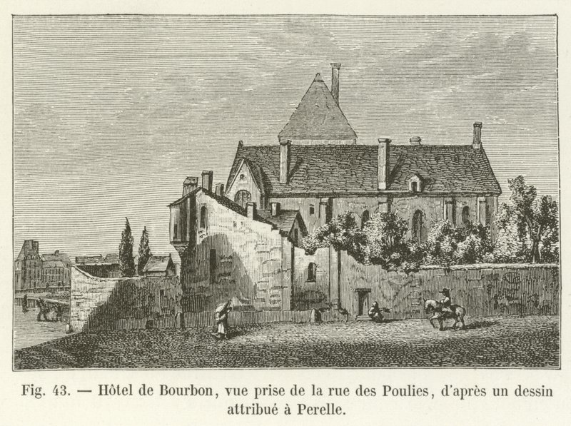 Hôtel de Bourbon, vy tagen från rue des Poulies, efter en teckning tillskriven Perelle av French School