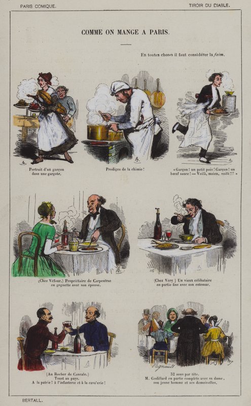Hur man äter i Paris (färg litho) av French School